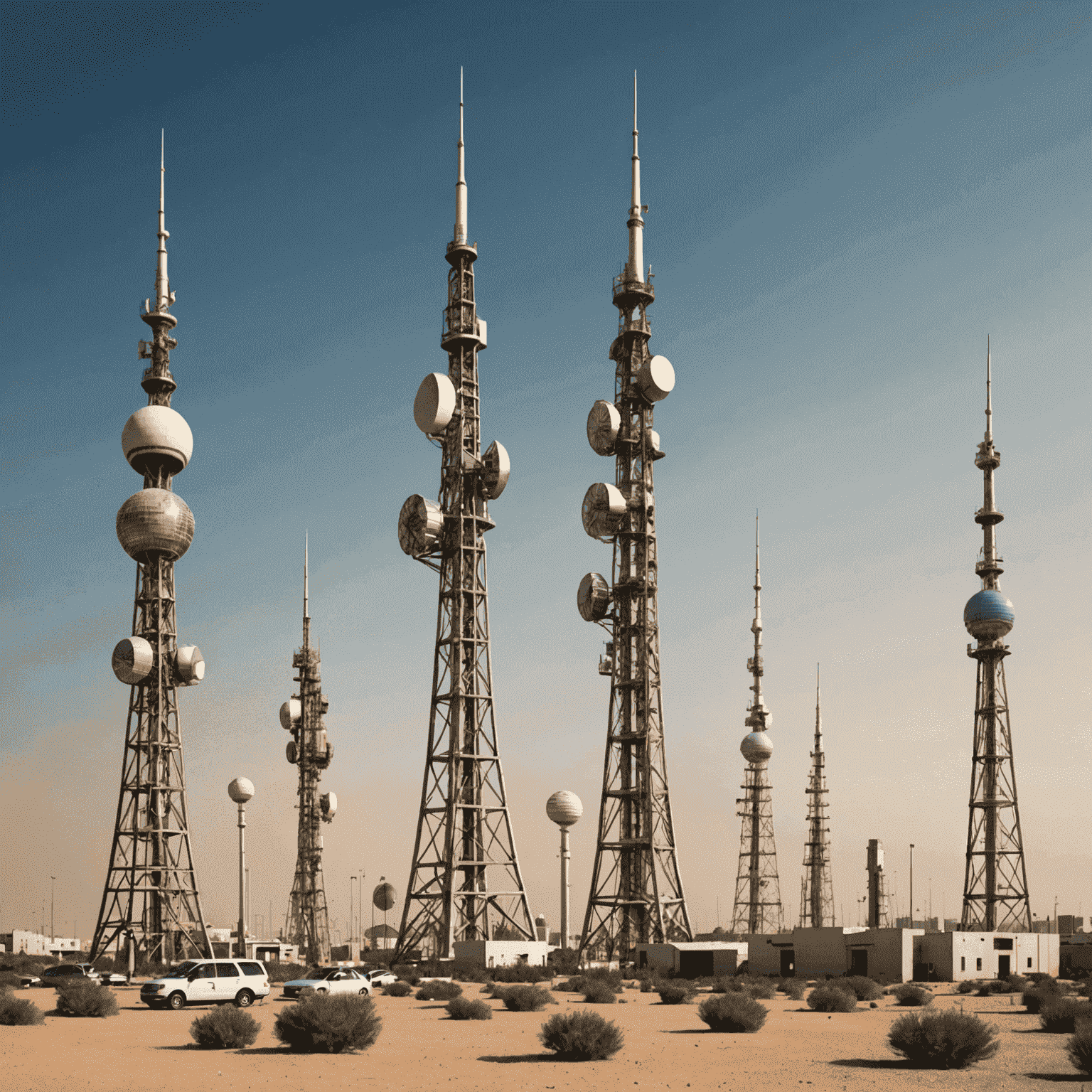 Image depicting various telecommunications towers and mobile devices representing the latest updates in Kuwait's telecom sector