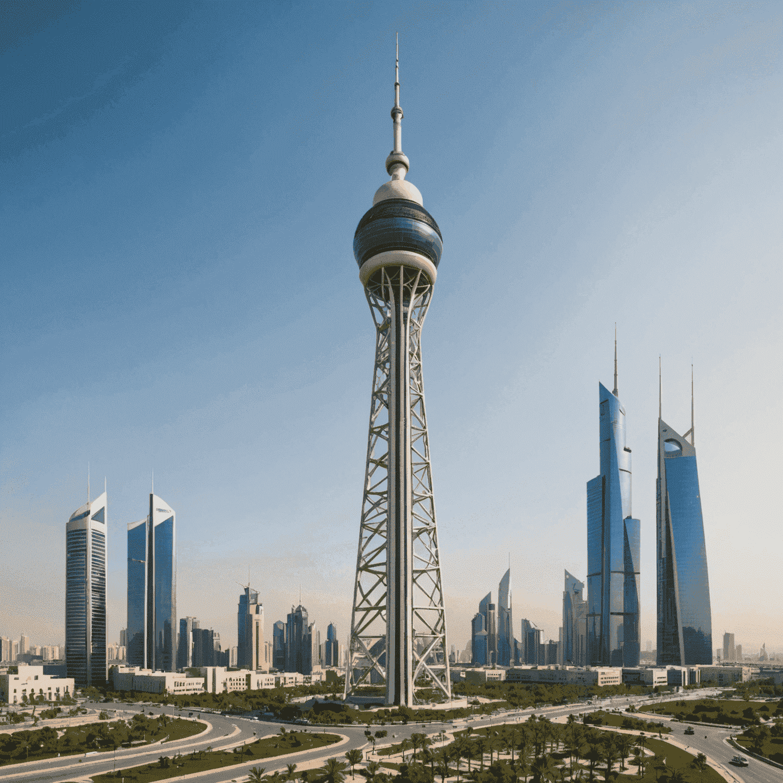 A modern telecommunications tower in Kuwait City skyline, symbolizing the latest updates in Kuwait's telecom sector