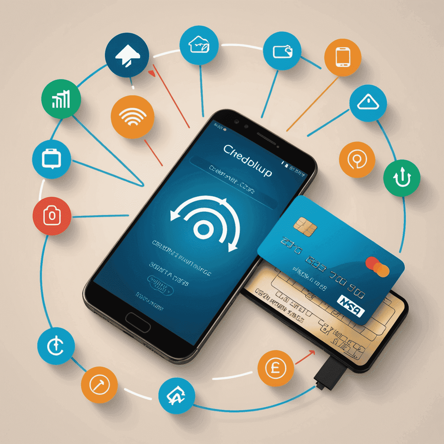 Illustration of a smartphone with auto-recharge symbols, showing arrows cycling between a phone and a credit card, representing the automatic top-up process