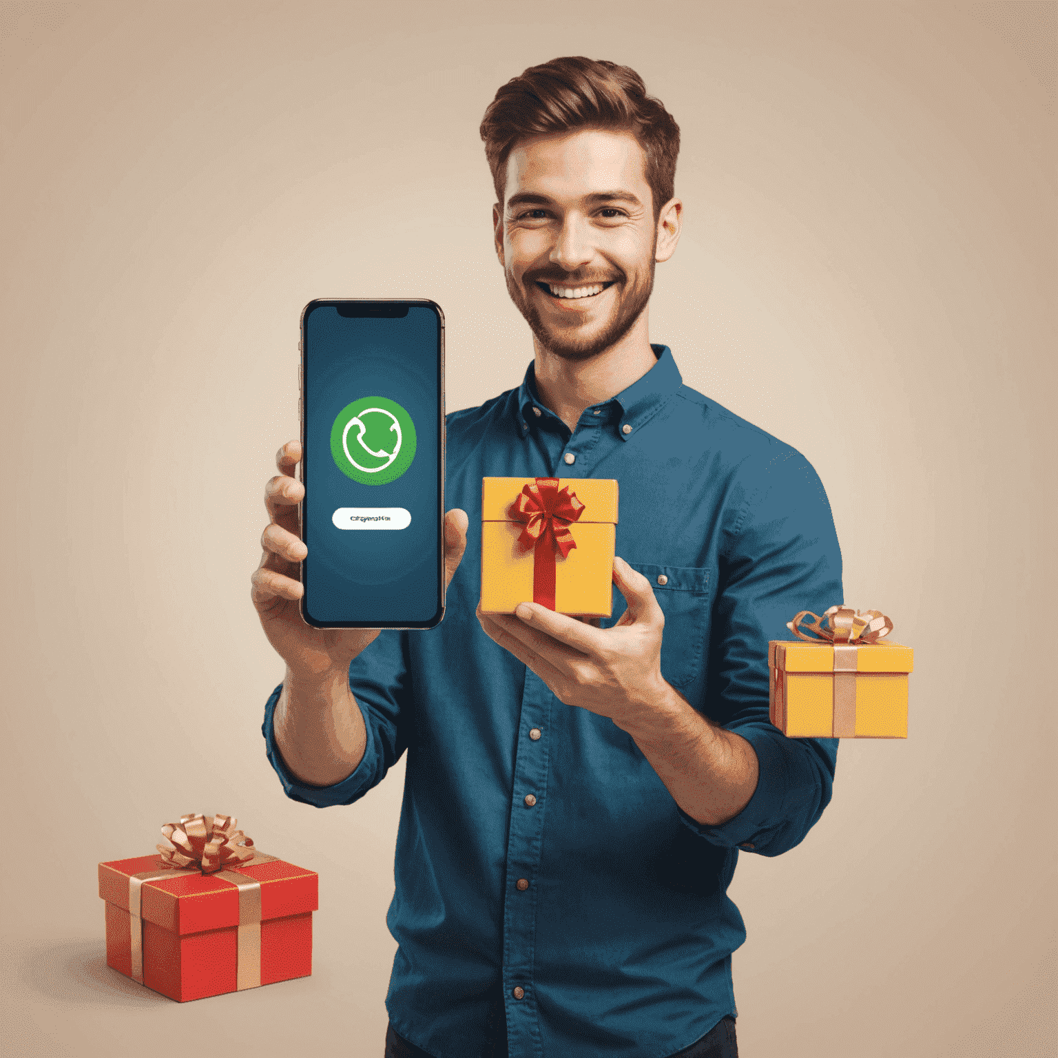 A smiling person holding a smartphone, sending a gift icon to another phone, symbolizing the gift recharge service