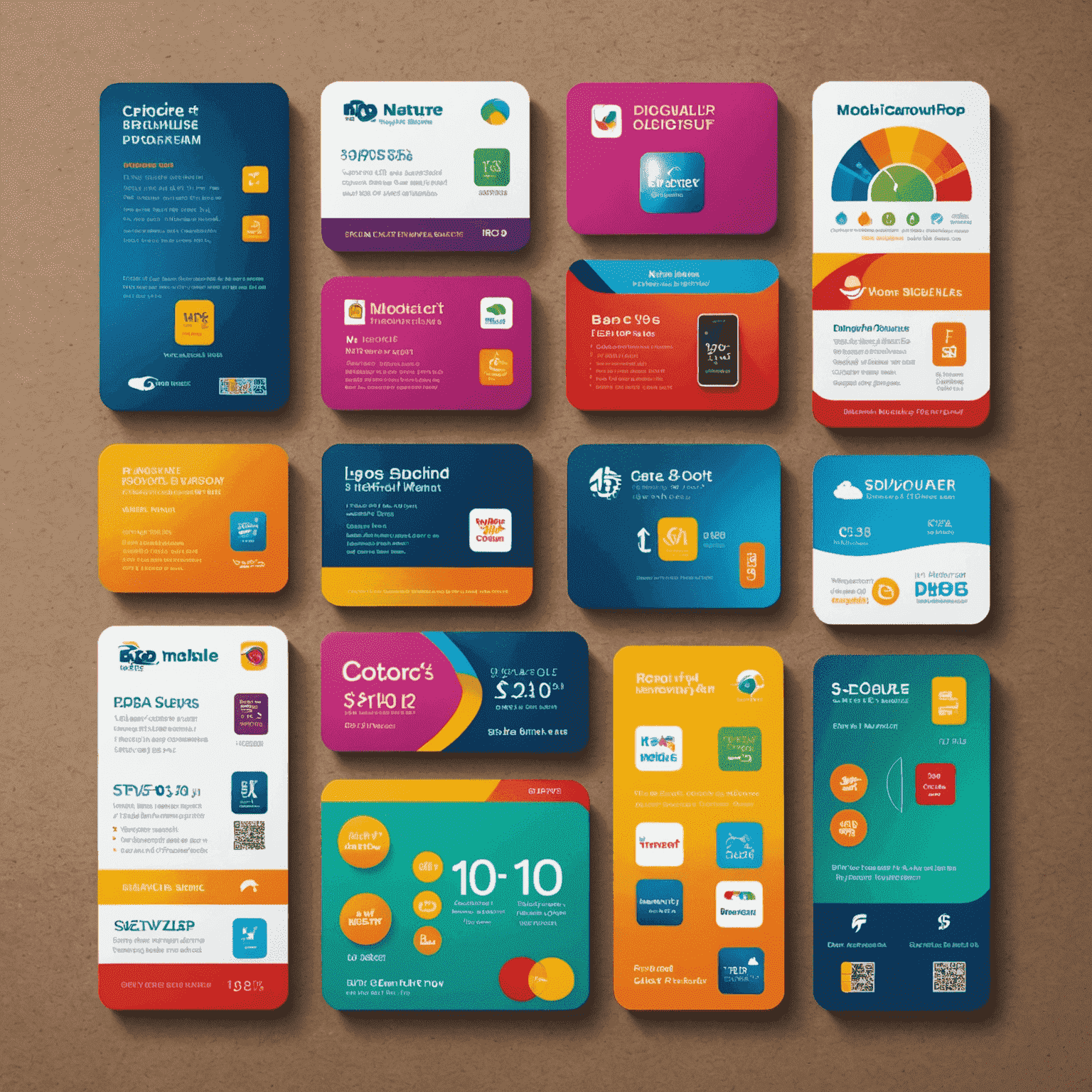 A colorful display of various mobile recharge cards and loyalty program benefits