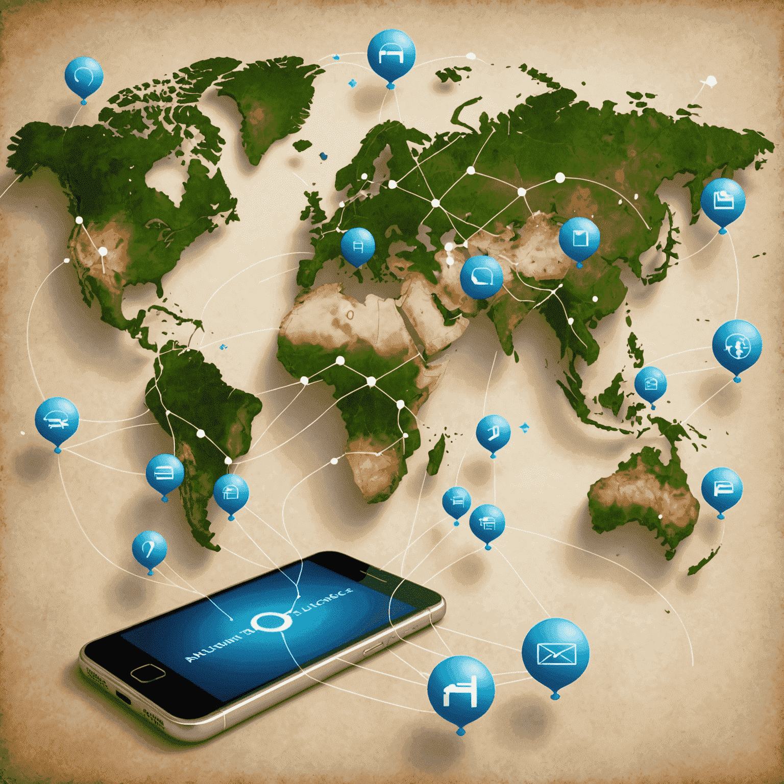 A world map with phone icons connecting different countries, symbolizing global communication and international calling services