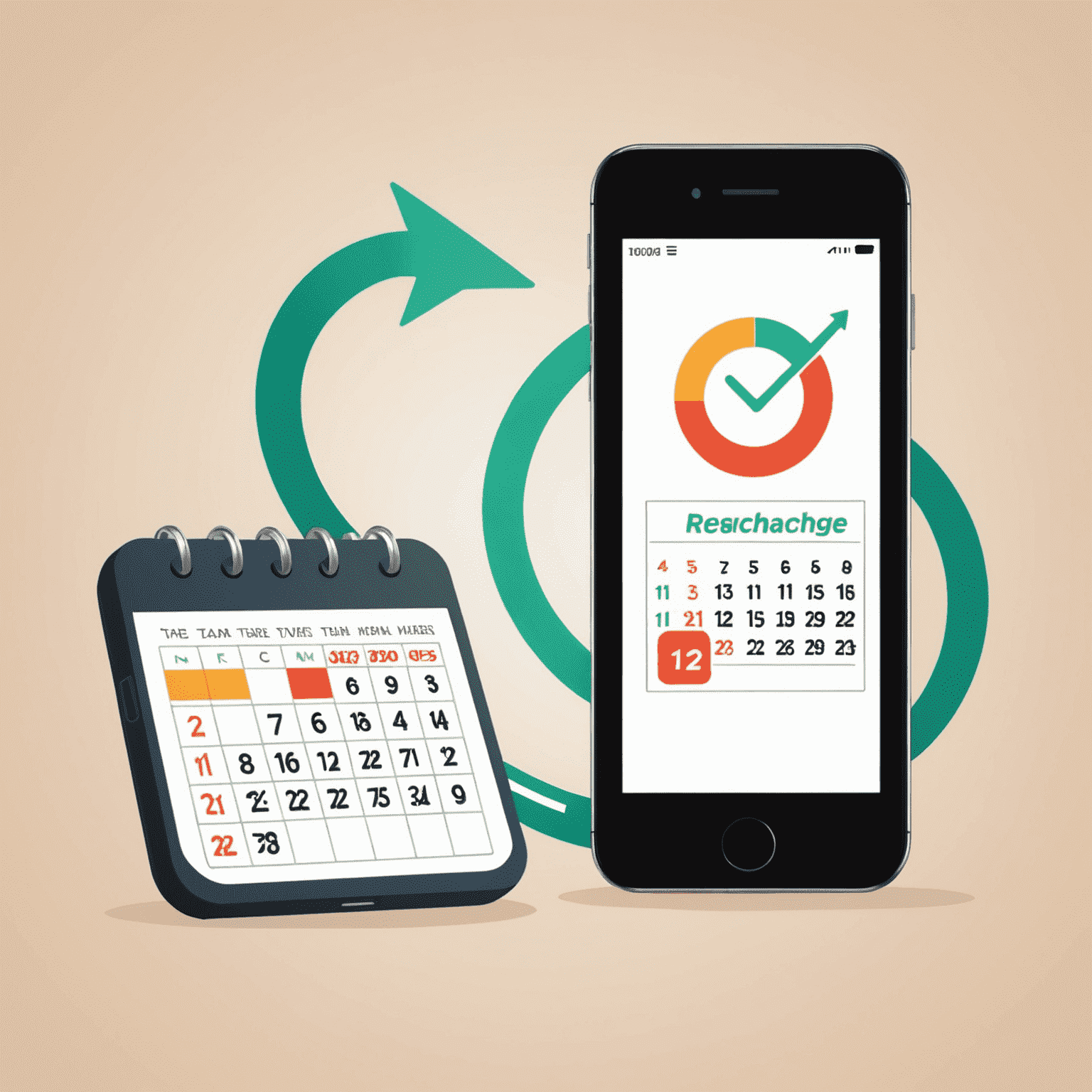 An illustration of a smartphone with a circular arrow around it, indicating an automatic recharge process, with a calendar icon to represent scheduling