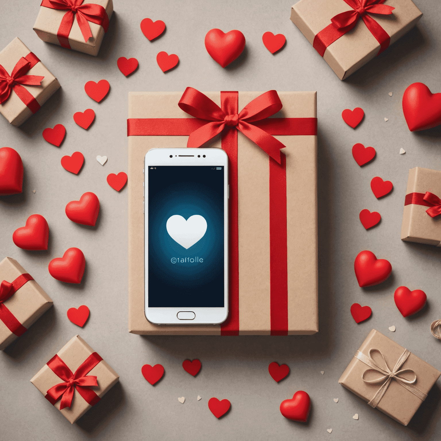 A gift box with a mobile phone icon, surrounded by hearts, representing the concept of gifting mobile credit to loved ones